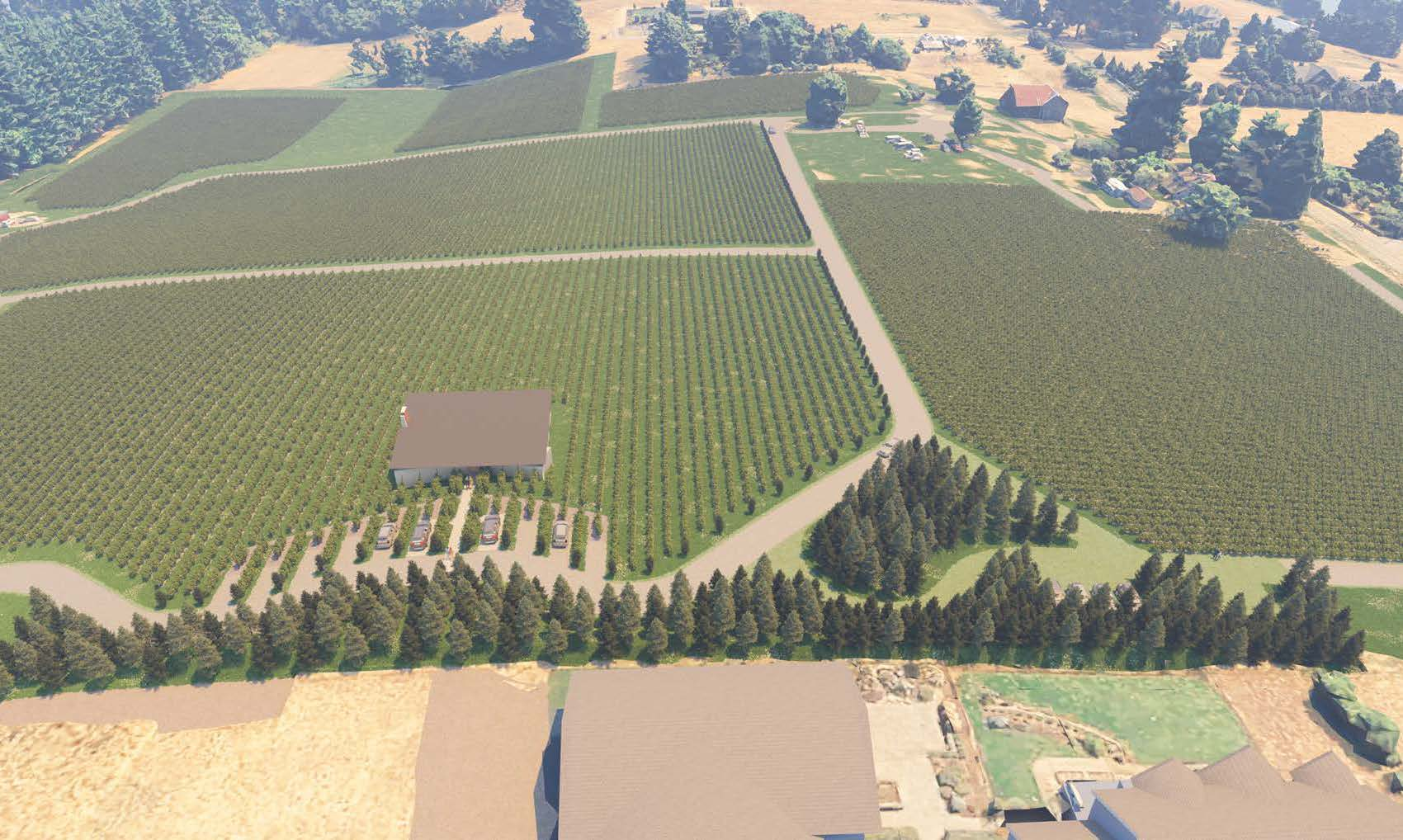 Aerial view of the tasting room and vineyards
